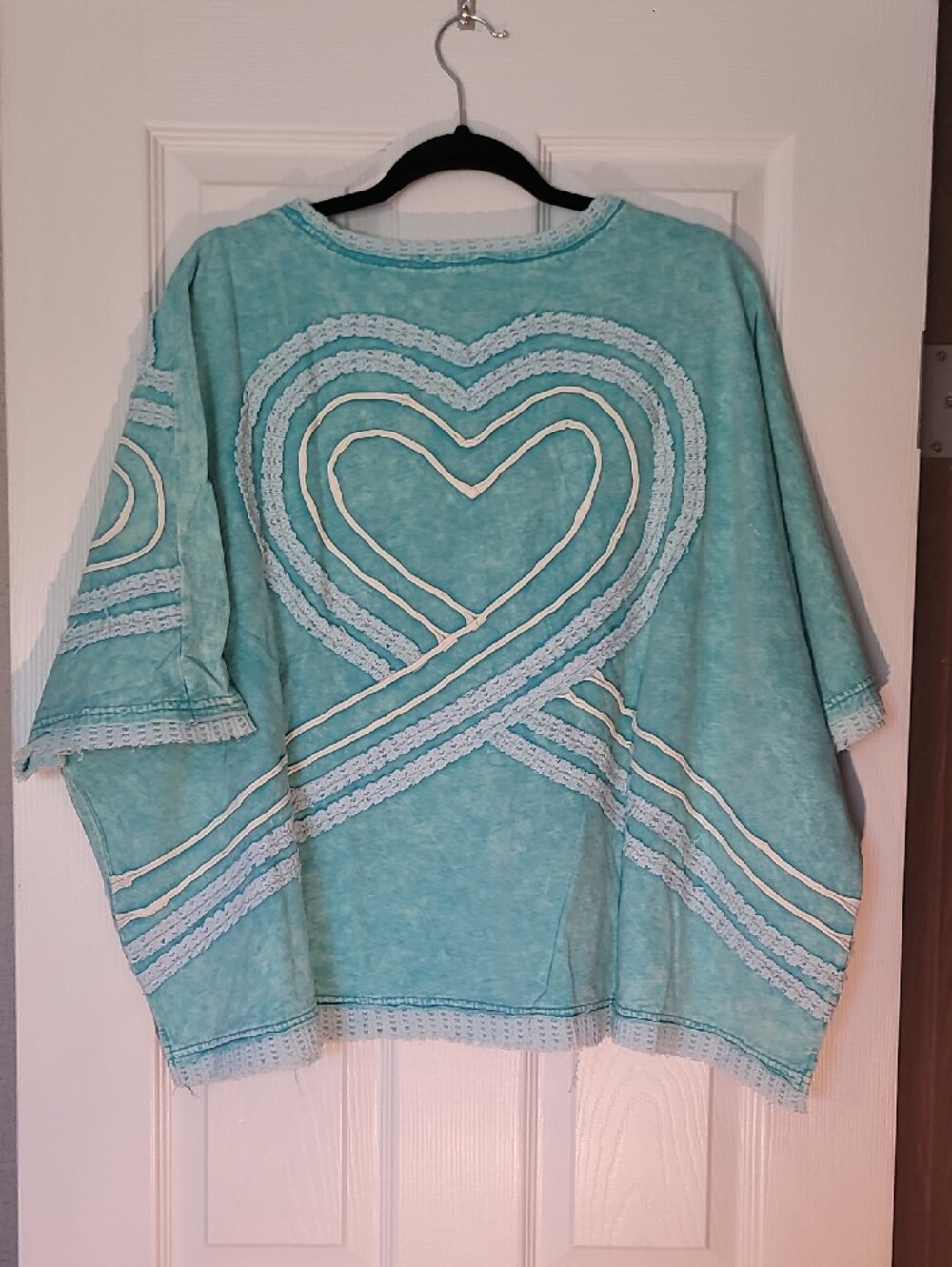 Oli & Hali Boho Heart Embroidered V-Neck Sweater in Aqua - Picture 3 of 3